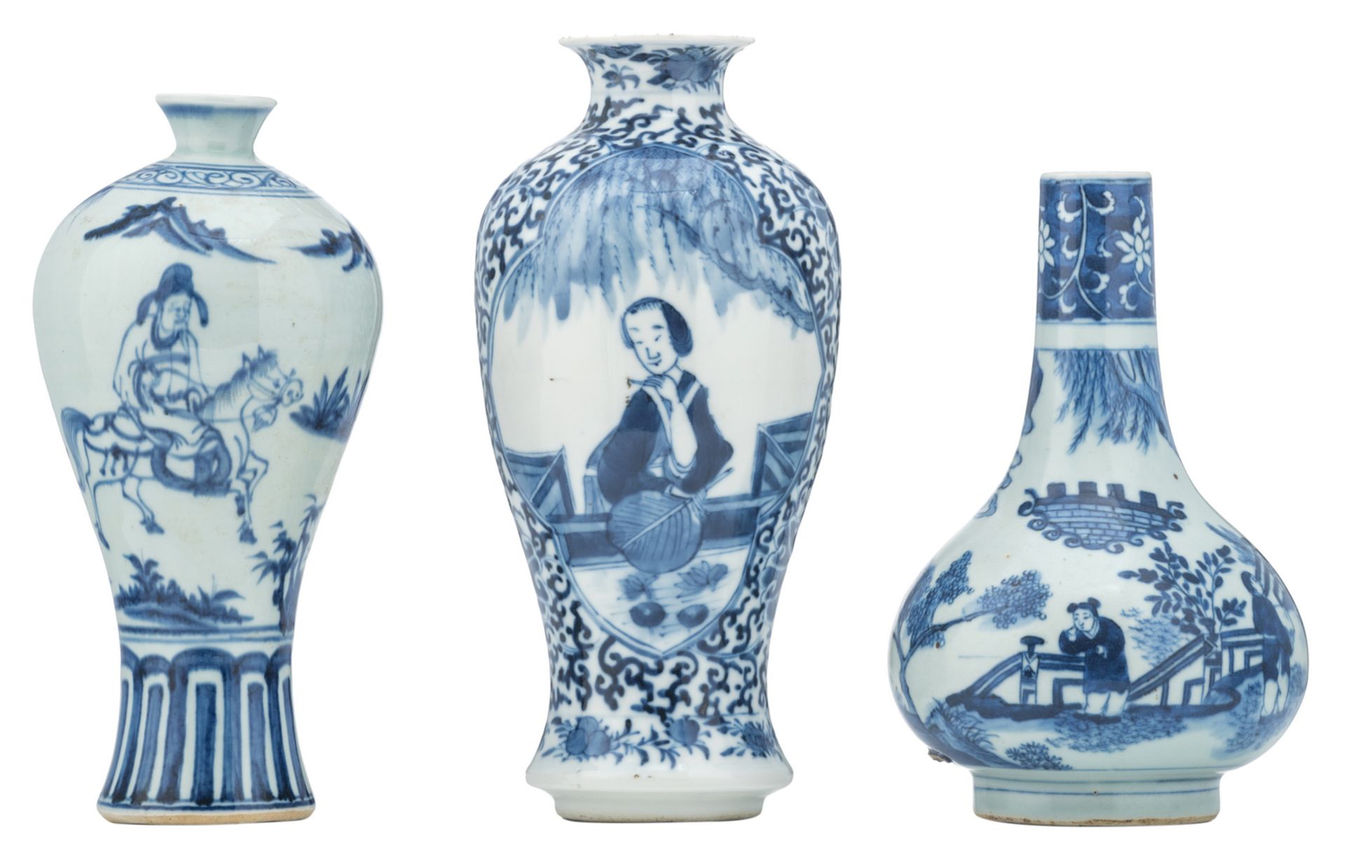 A Chinese blue and white floral baluster shaped vase, the roundels decorated with a lady in a