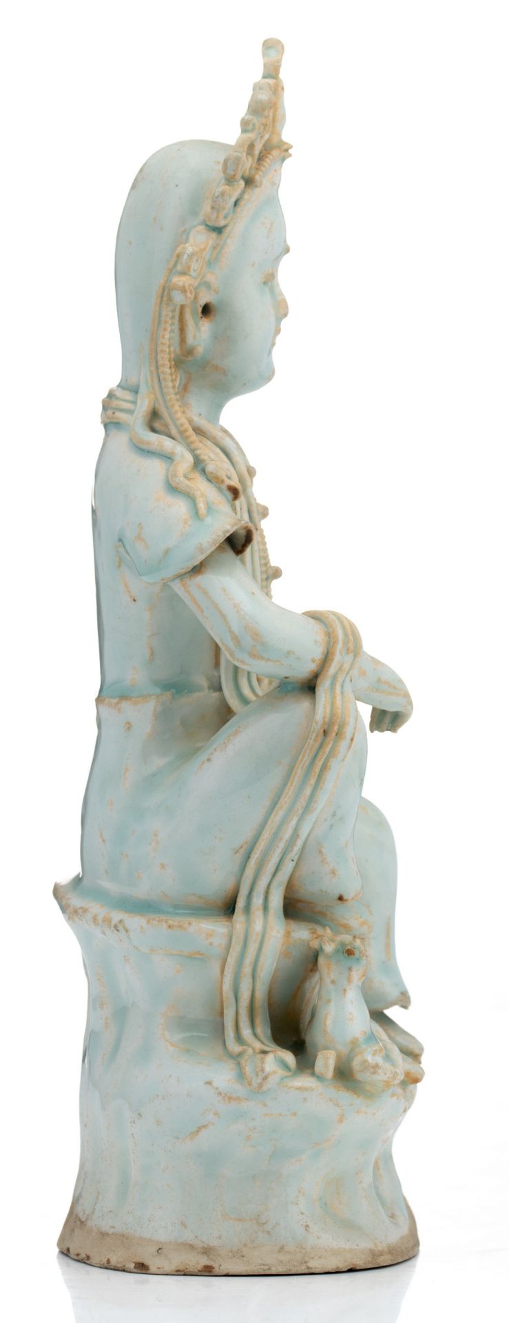 A Chinese famille rose figure of a young Buddha, seated on a lotus base; added a Chinese celadon - Image 5 of 13