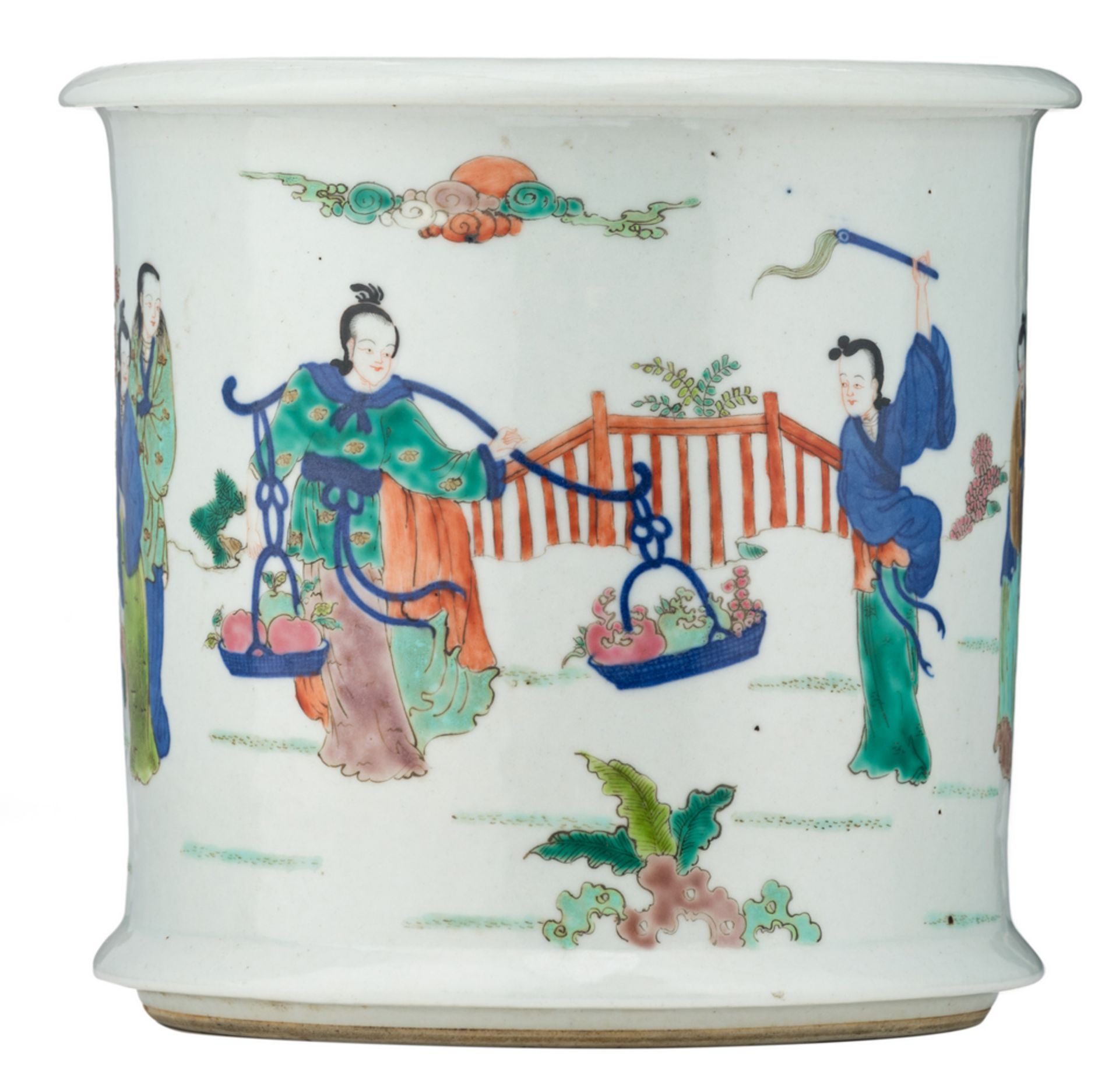 A Chinese polychrome jardiniere, overall decorated with figures and cranes in a garden, Jiaqing