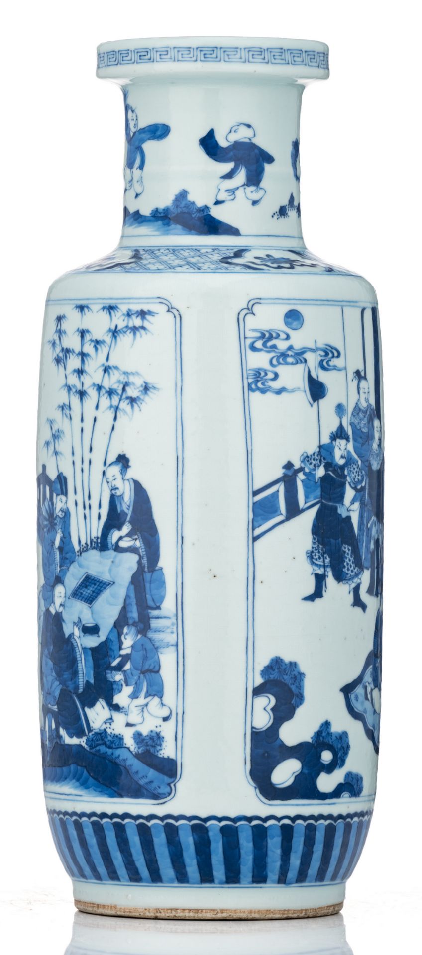 A Chinese blue and white rouleau shaped vase, one panel decorated with a court scene, the other - Image 4 of 6