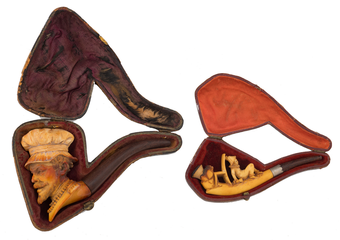 A late Biedermeier meerschaum cigarette pipe and pipe, H 13,5 - 15,5 cm