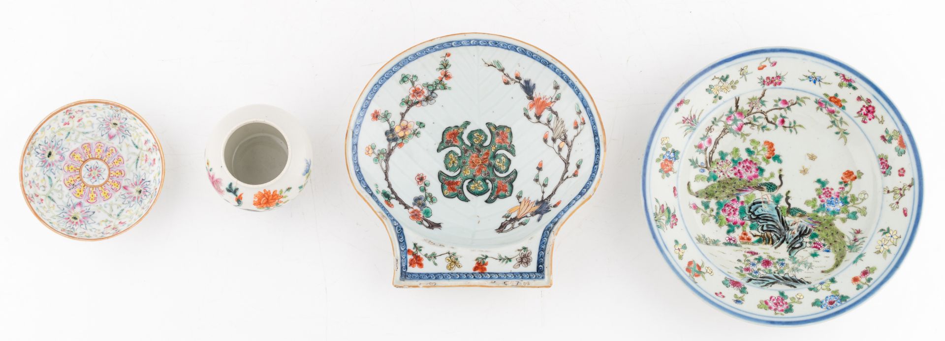 Two Chinese famille rose floral decorated dishes, one dish on a matching wooden stand, and a ditto - Image 6 of 7