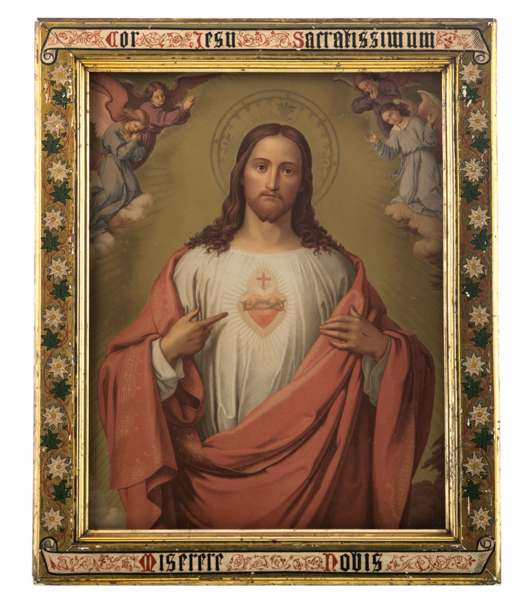 A second half of the 19thC colour lithograph depicting the Holy Heart, in its original frame, signed - Bild 2 aus 6