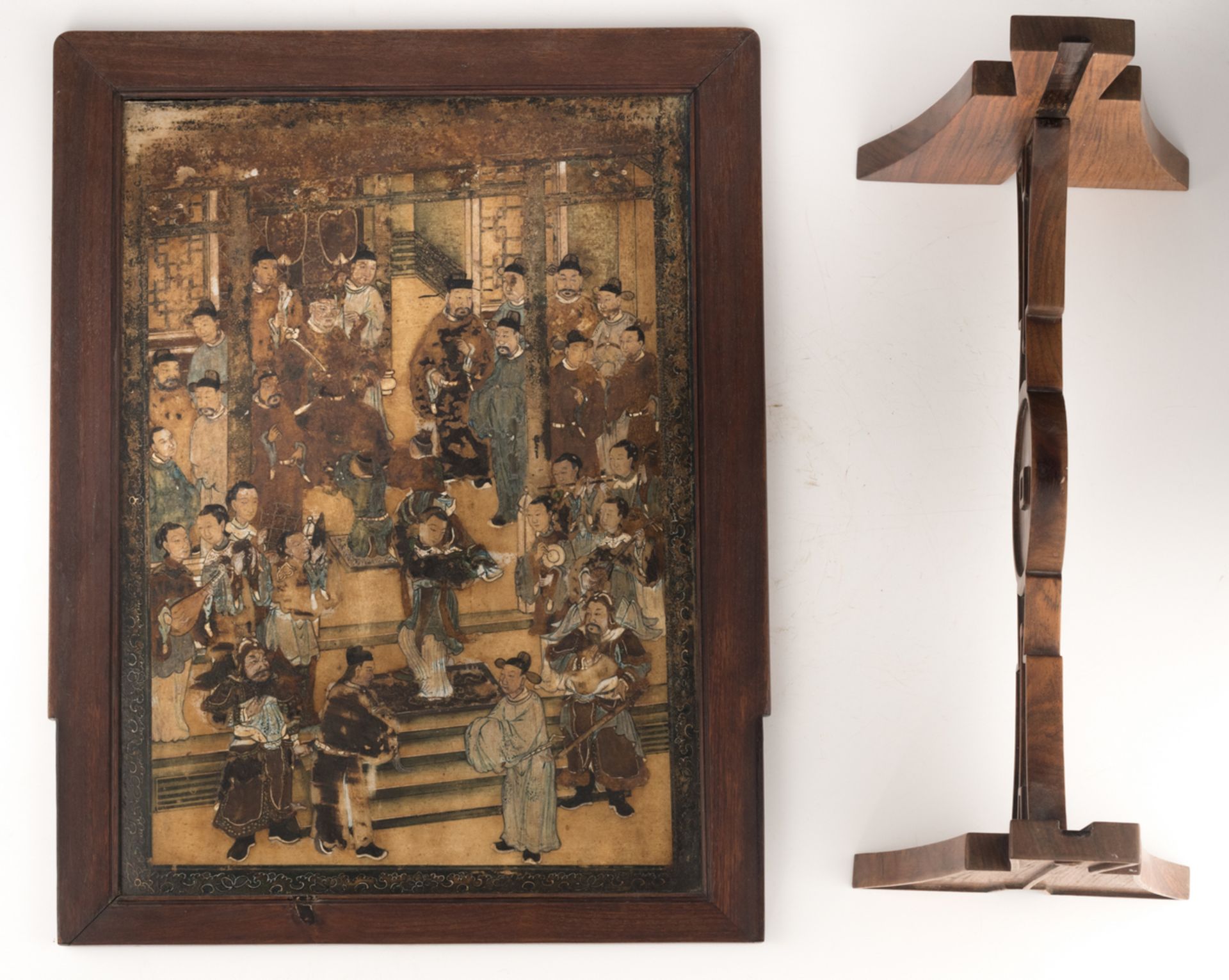 A Chinese wooden table screen, the stone panel polychrome decorated with a court scene and - Image 5 of 5