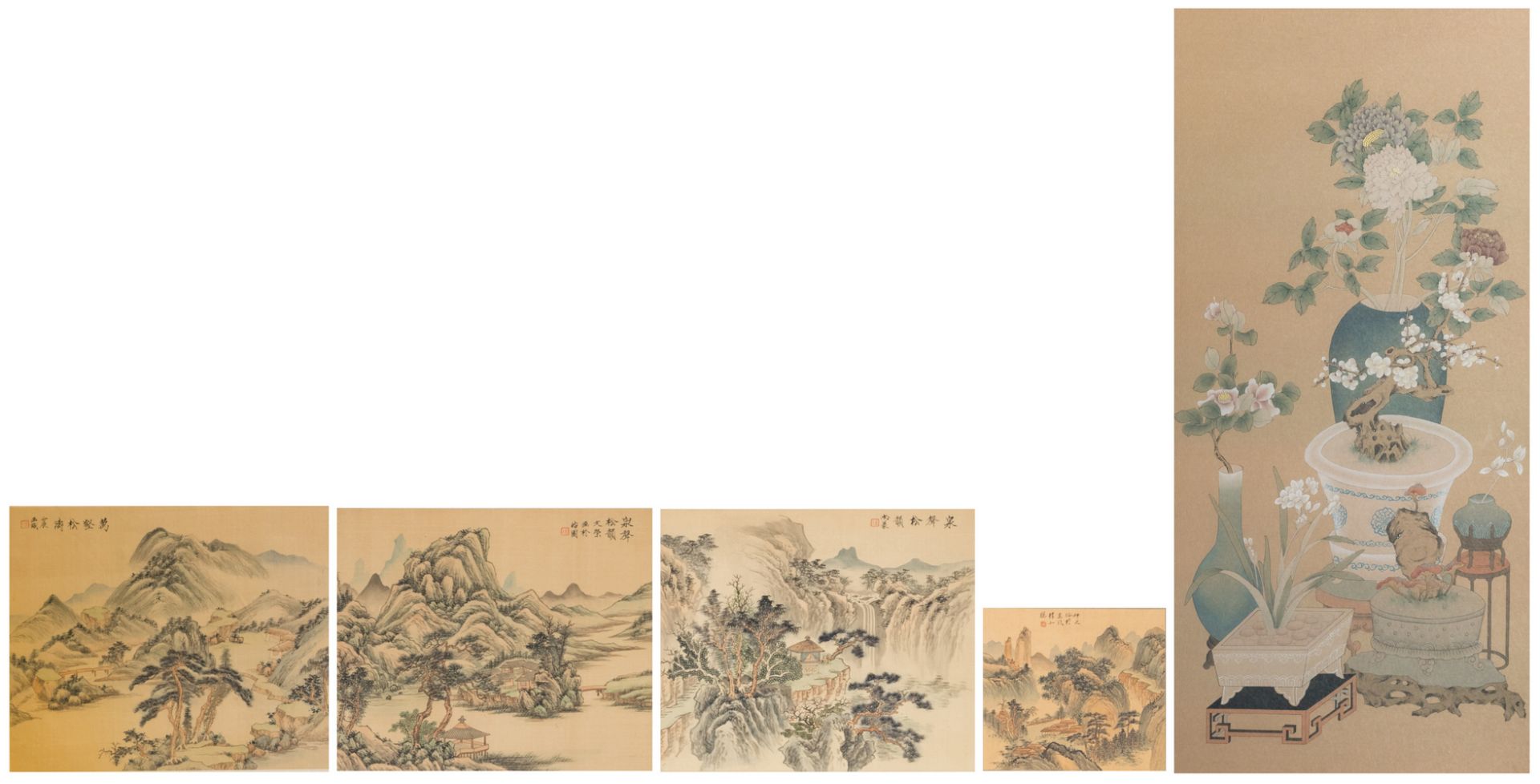 A Chinese watercolour depicting antiquities and flower branches, framed; added three Chinese