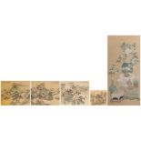 A Chinese watercolour depicting antiquities and flower branches, framed; added three Chinese