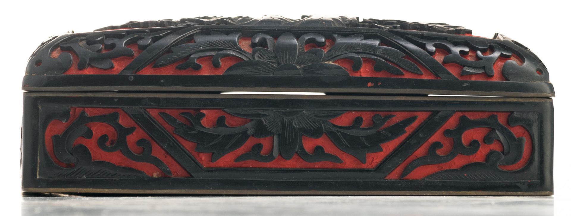 A late 19th / early 20thC Chinese red an black lacquered box and cover, H 5 - W 5 - D 10 cm - Image 2 of 8