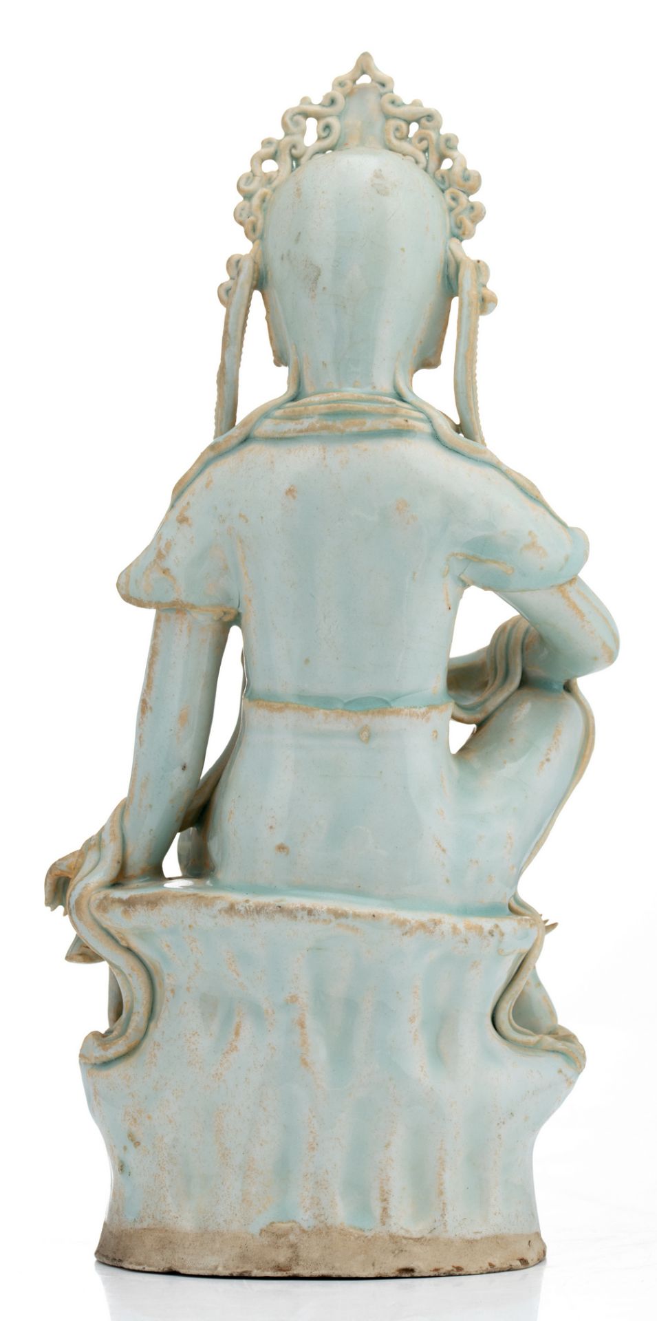 A Chinese famille rose figure of a young Buddha, seated on a lotus base; added a Chinese celadon - Image 4 of 13