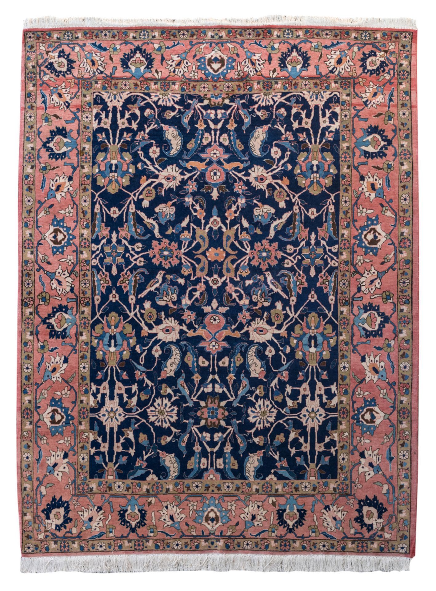 An Oriental rug with stylized floral motifs and birds, wool on cotton, 150 x 200 cm