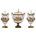 A Meissener porcelain three-piece garniture, Ozier relief decorated and polychrome decorated with