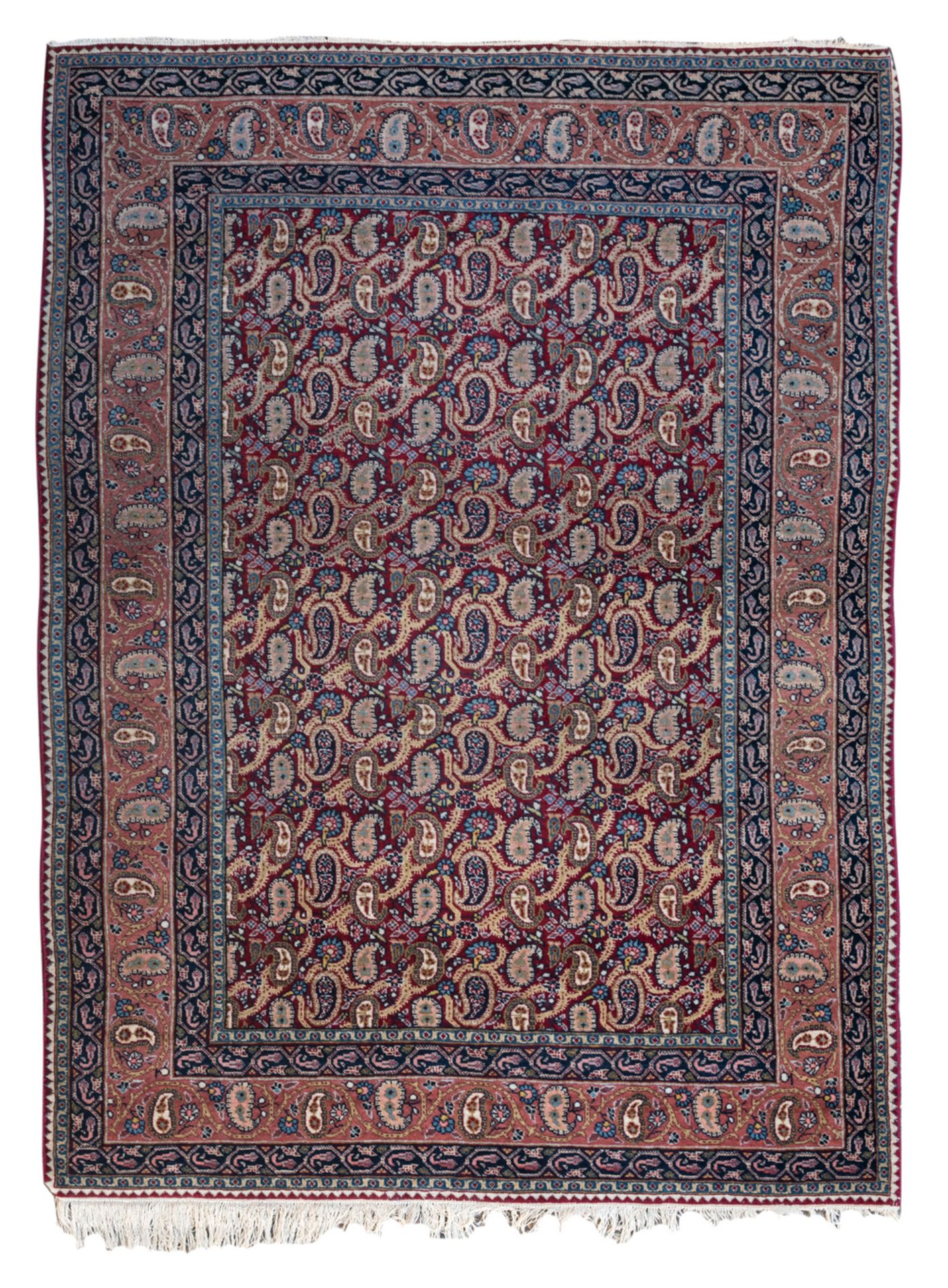 An Oriental carpet decorated with floral cones, wool on cotton, Daruksh / Meshed, about 1900, 136,