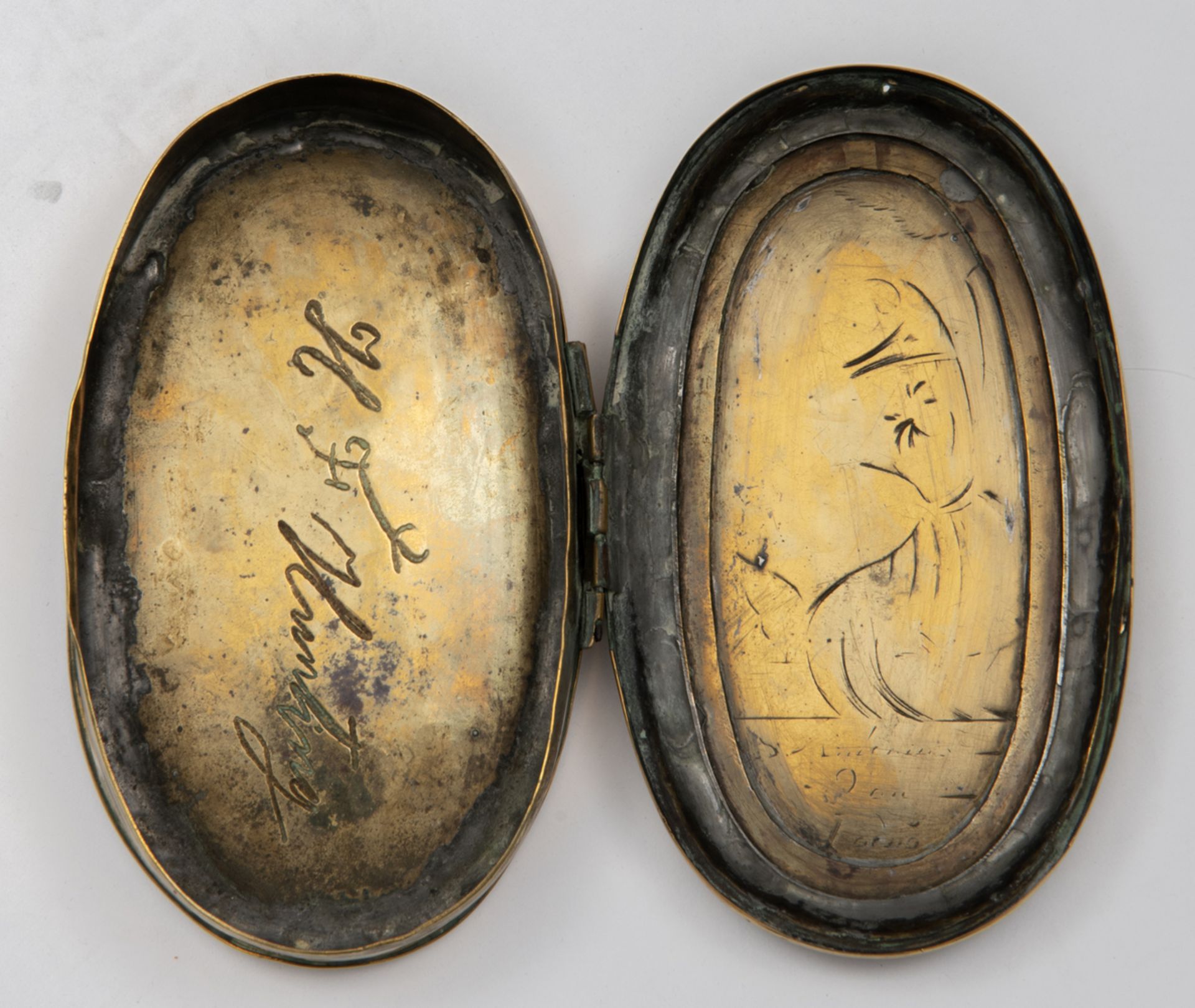 An 18thC brass tobacco box, the Northern Netherlands, the cover engraved with a Golgotha and - Image 4 of 6