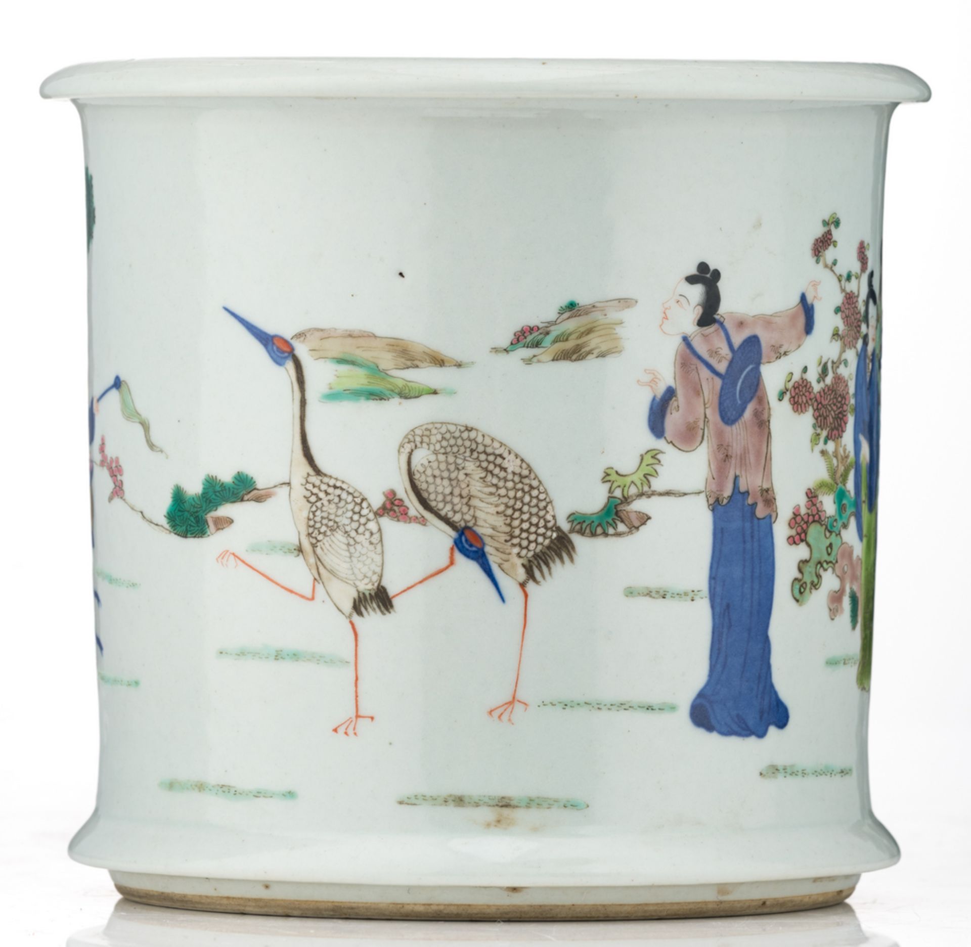 A Chinese polychrome jardiniere, overall decorated with figures and cranes in a garden, Jiaqing - Image 3 of 6