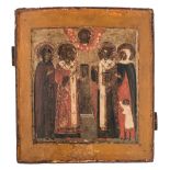 An 18thC East European icon depicting five saints, with accompanying documentation, 27 x 30 cm