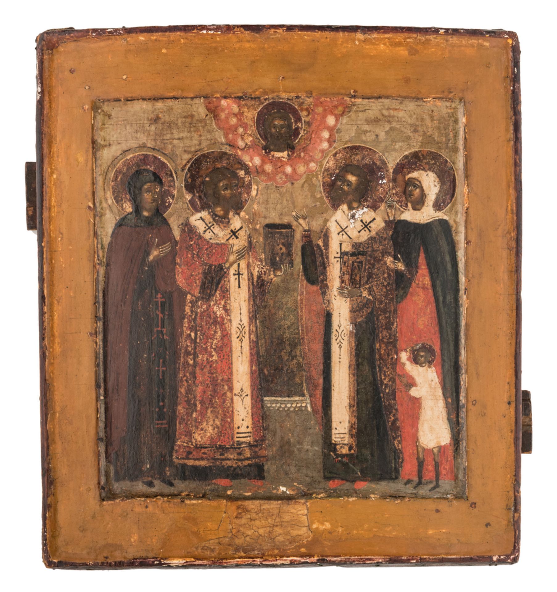 An 18thC East European icon depicting five saints, with accompanying documentation, 27 x 30 cm