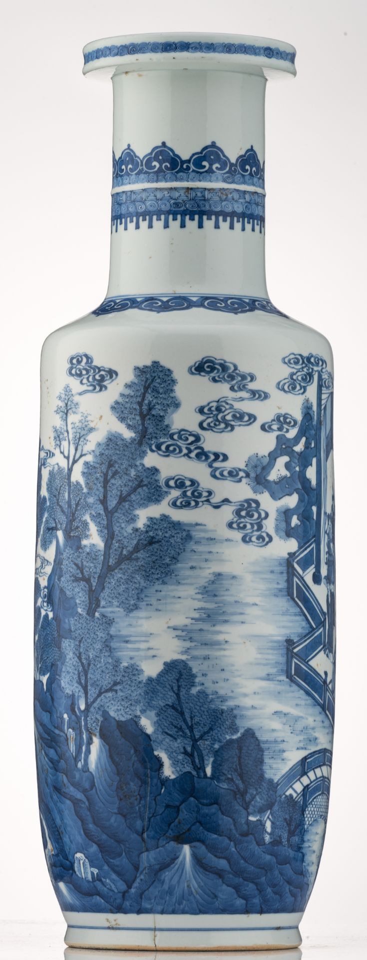 A large Chinese blue and white rouleau shaped vase, overall decorated with an animated scene in a - Image 4 of 6