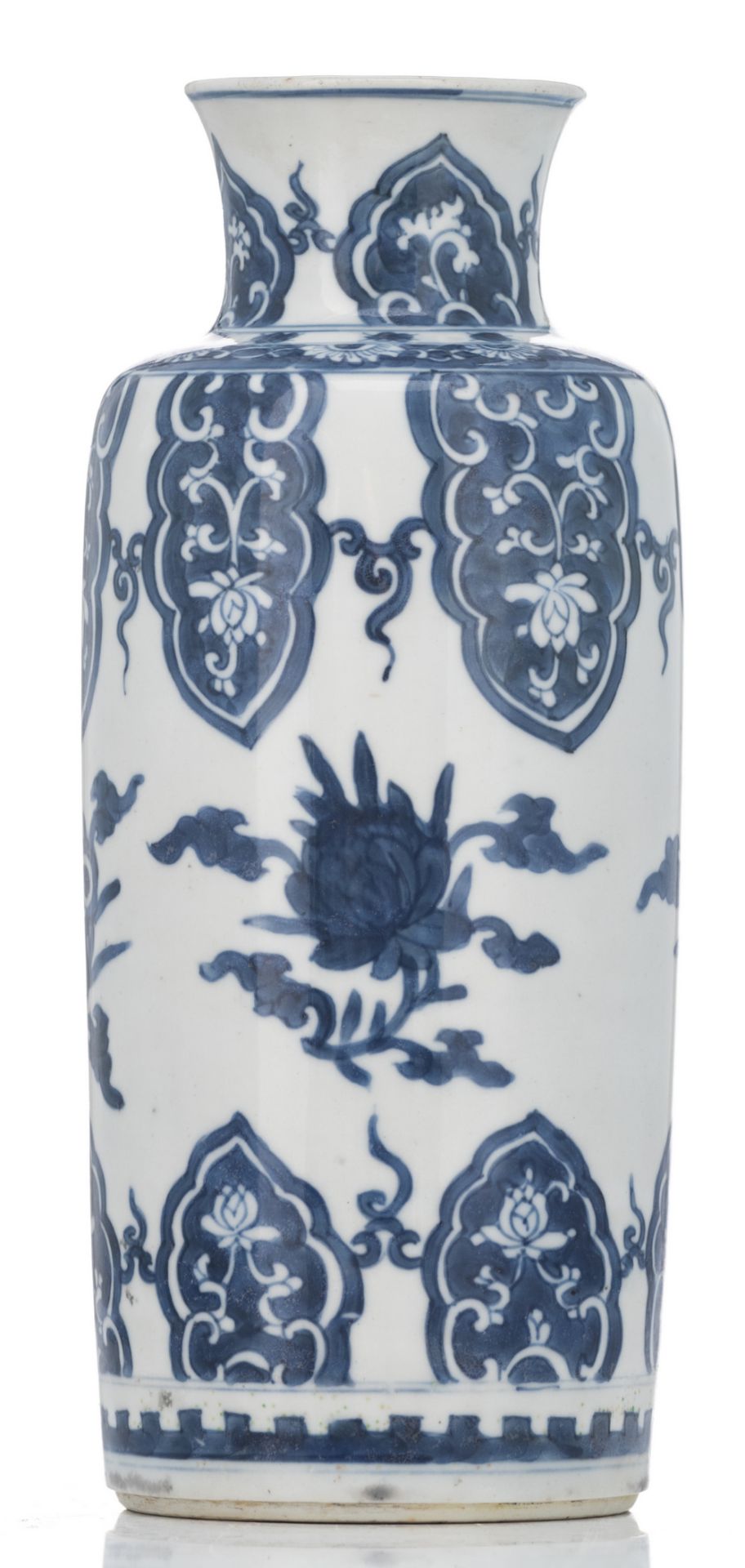 A Chinese blue and white cylindrical vase, decorated with lotus petals, flower branches and lingzhi, - Image 3 of 6