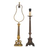Two Neoclassical bronze and gilt bronze table lamps, H 67 - 78,5 cm