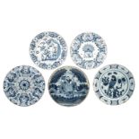 Four first half of the 18thC Dutch Delftware blue and white plates, different marks; added an