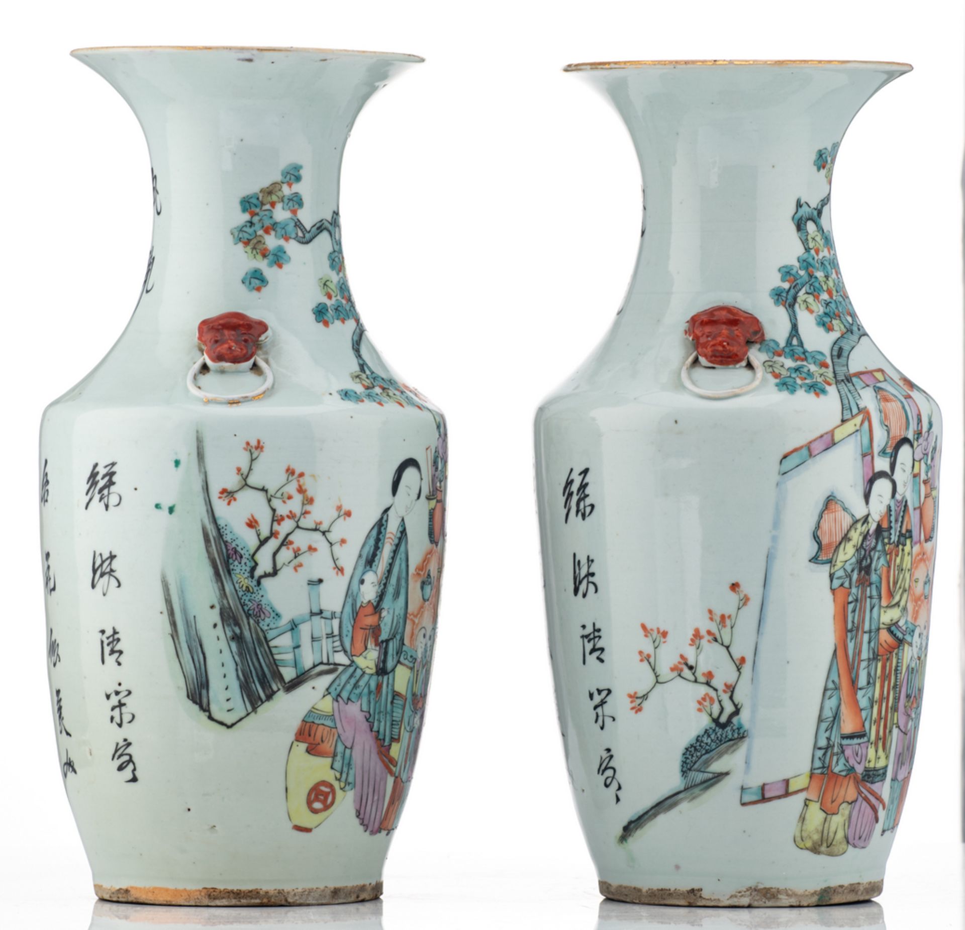 A pair of Chinese polychrome vases, decorated with ladies and children in a garden, and calligraphic - Image 2 of 6