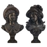 Rancoulet, two busts of young girls, according to the armorial two sisters, patinated bronze, 19thC,