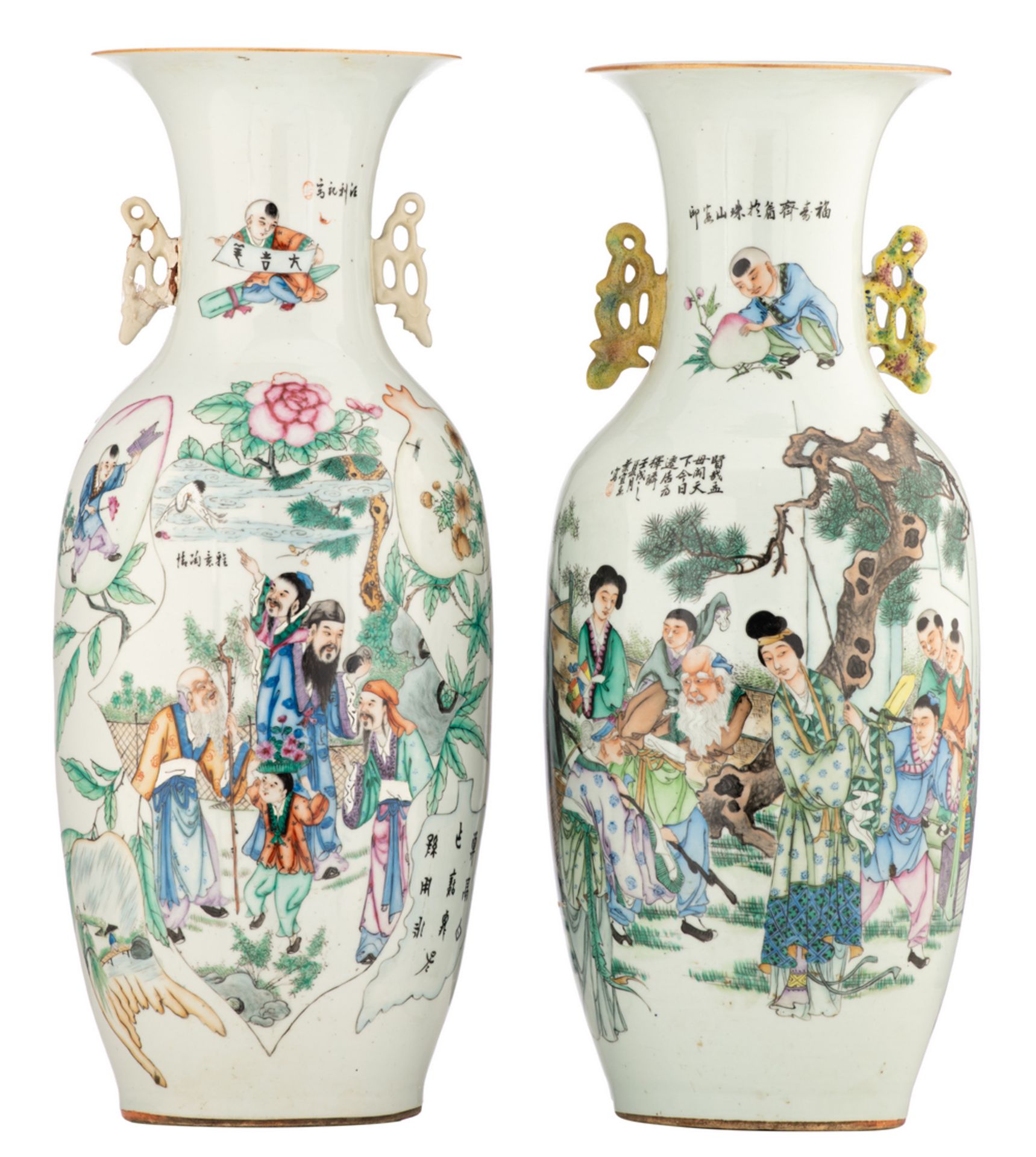 Two Chinese famille rose vases double decorated with animated scenes, one with a peacock and
