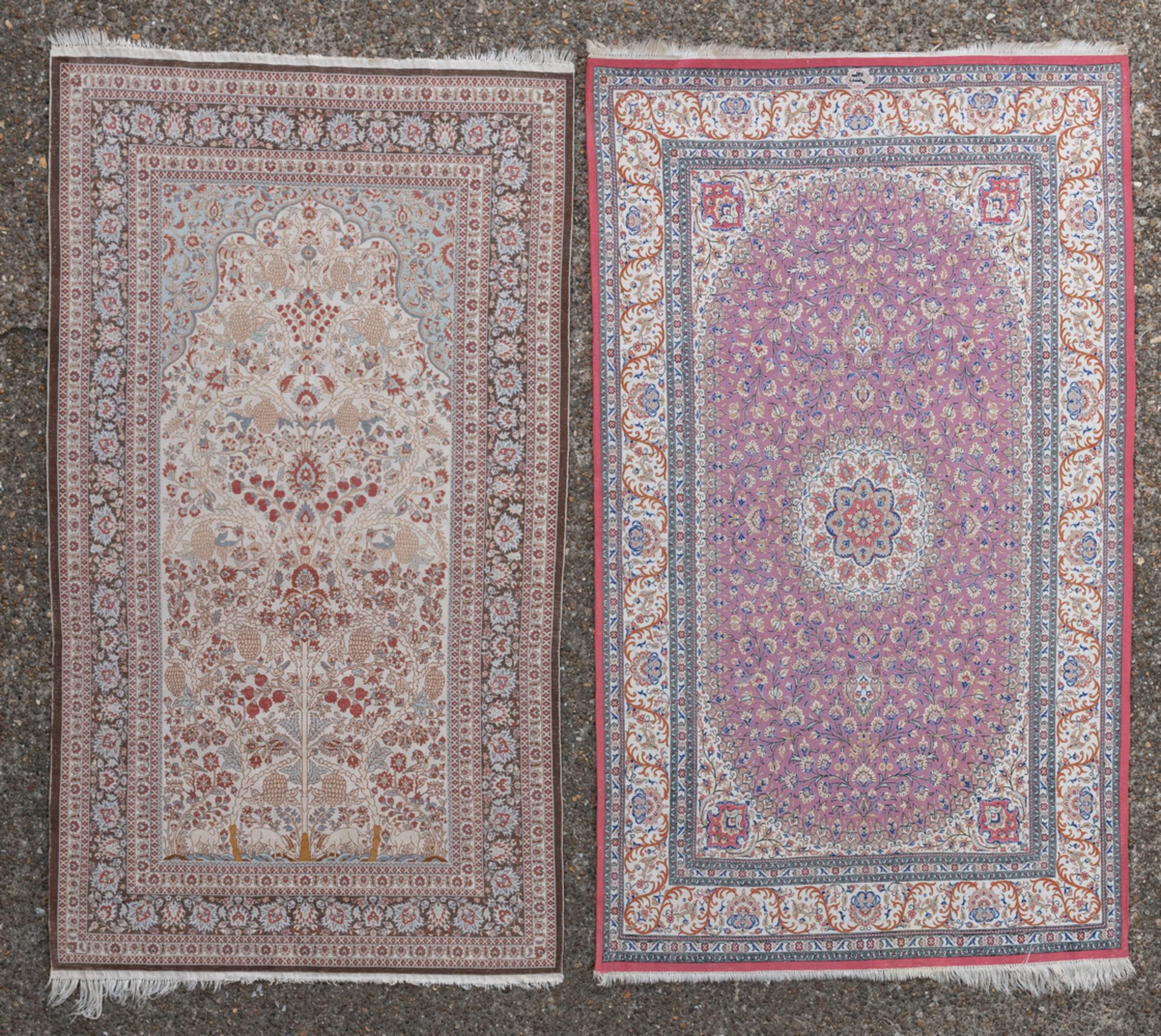 Two Oriental floral decorated silk carpets, one with a date tree, one with a central medallion and - Image 2 of 4