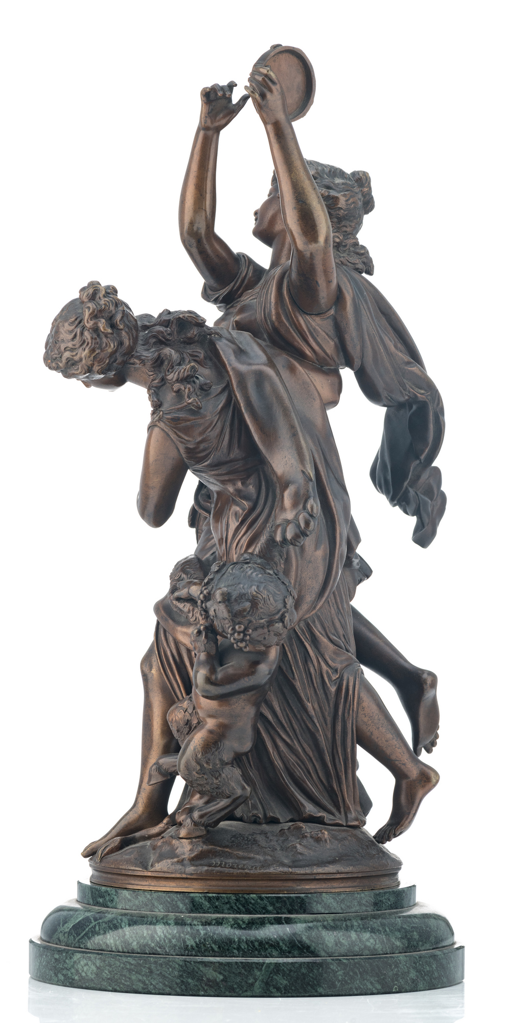 Moreau, bacchants and a satyr, brown patinated bronze, on a vert de mer marble base, H 43,5 (without - Image 2 of 6