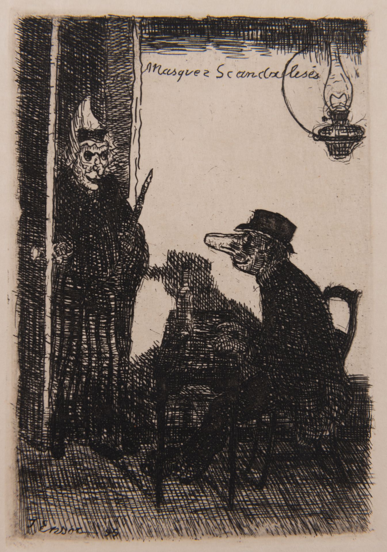 Ensor J., 'Masques scandalisés', etching, signed and dated inside the plate (18)95, 8,2 x 11,9 cm