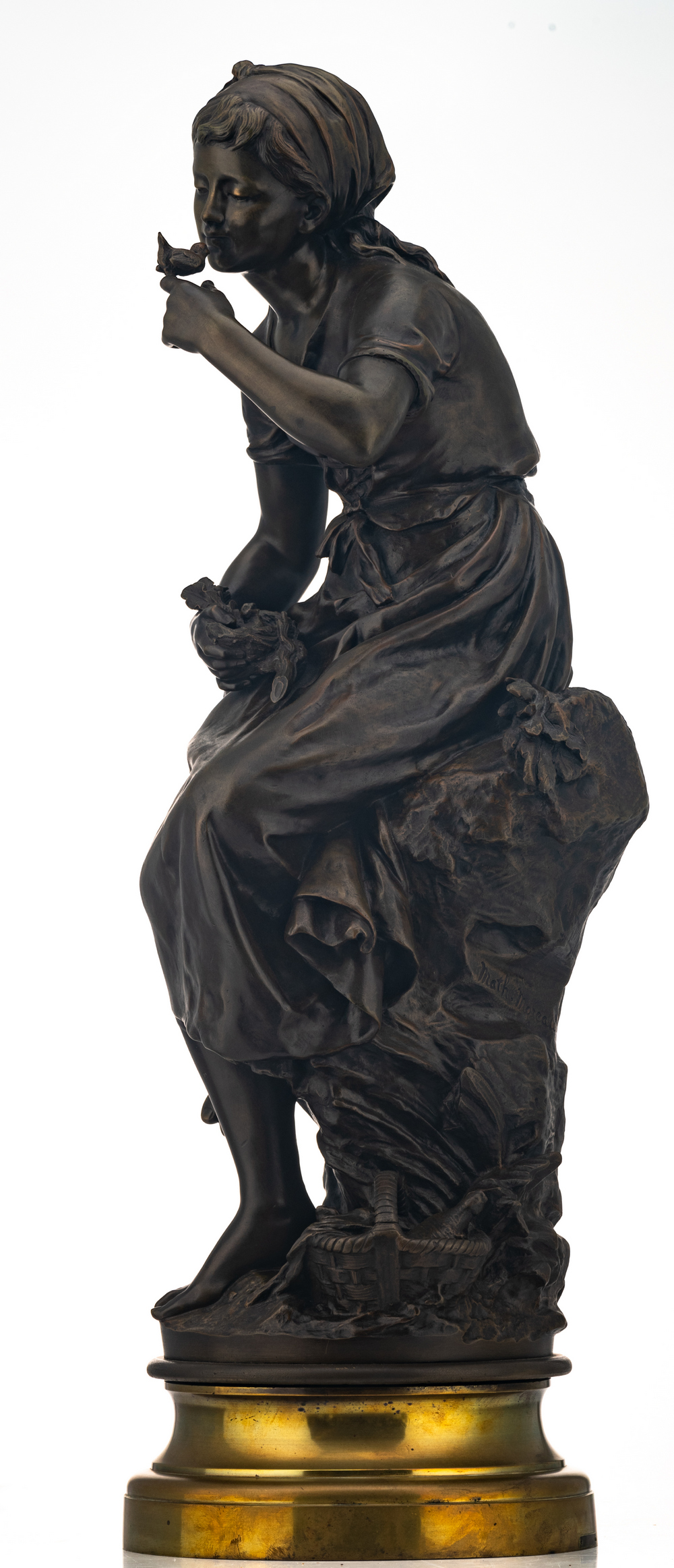 Moreau M., a maiden with birds, patinated bronze, H 78 cm - Image 2 of 7