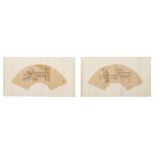 Two Chinese fan shaped watercolours on paper depicting erotic scenes, marked, 26 x 54,5 (without