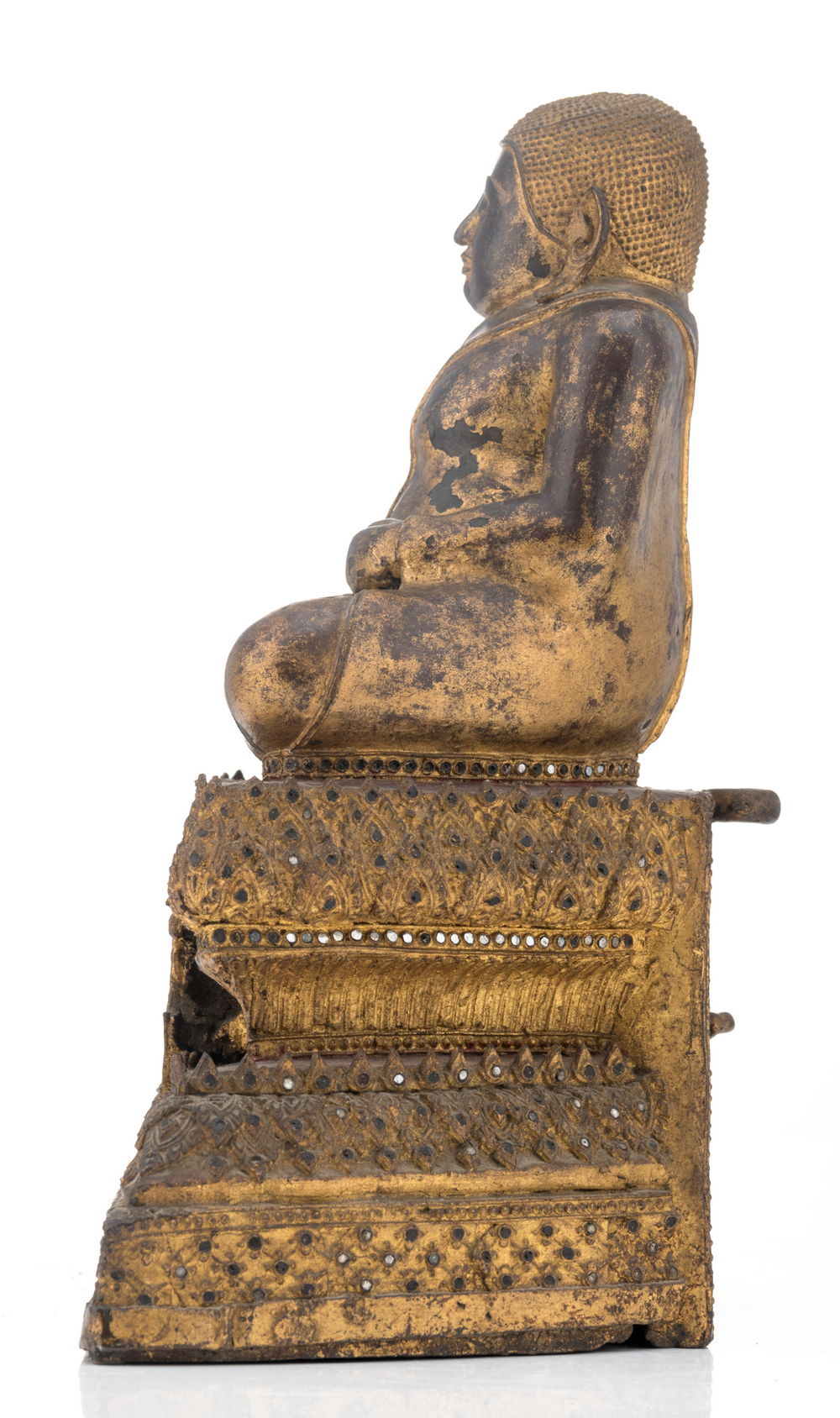 A Thai gilt and polychrome lacquered bronze seated Buddha on a multi-stepped base, with glass inlay, - Image 2 of 6