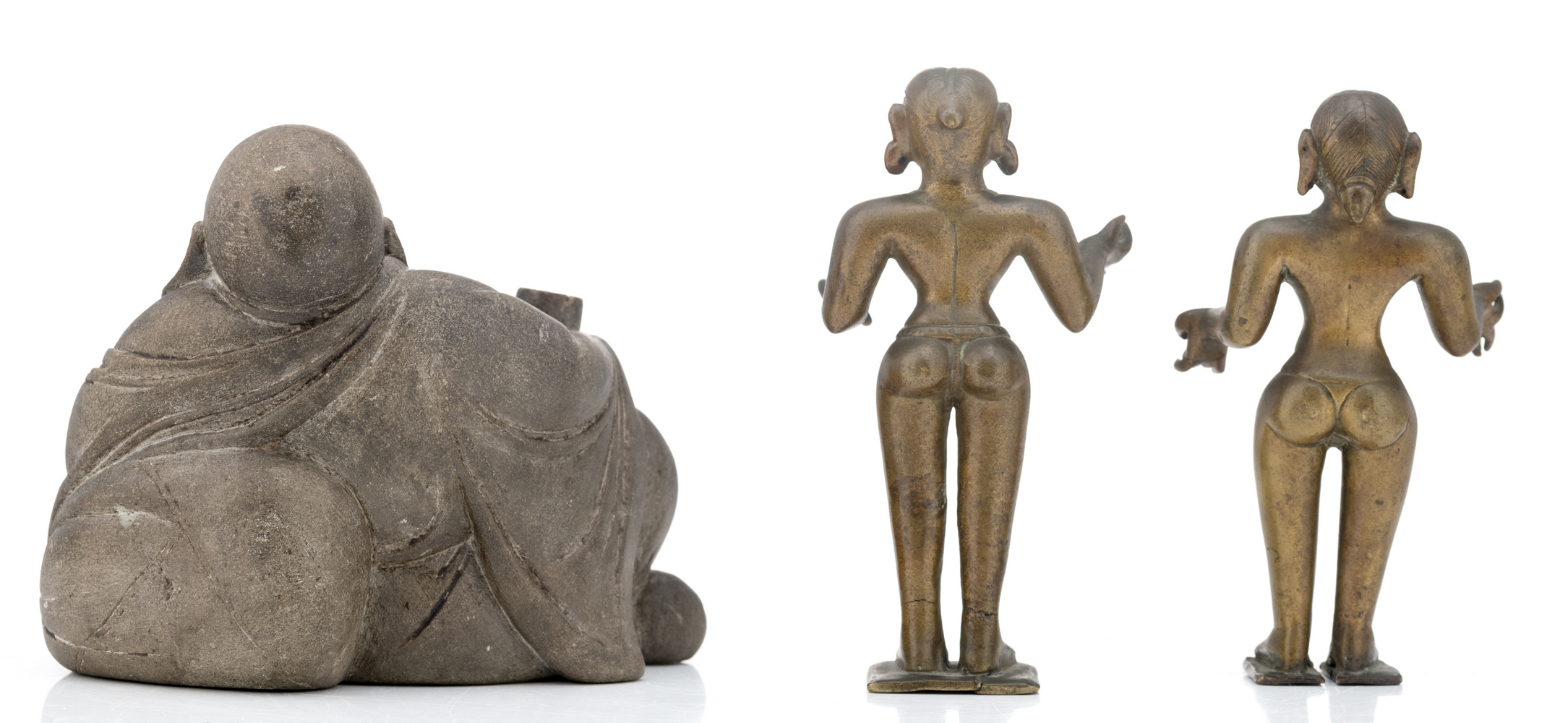 A Chinese stone figure of a Budai; added two Oriental female bronze figures, depicting divinities, - Image 3 of 6