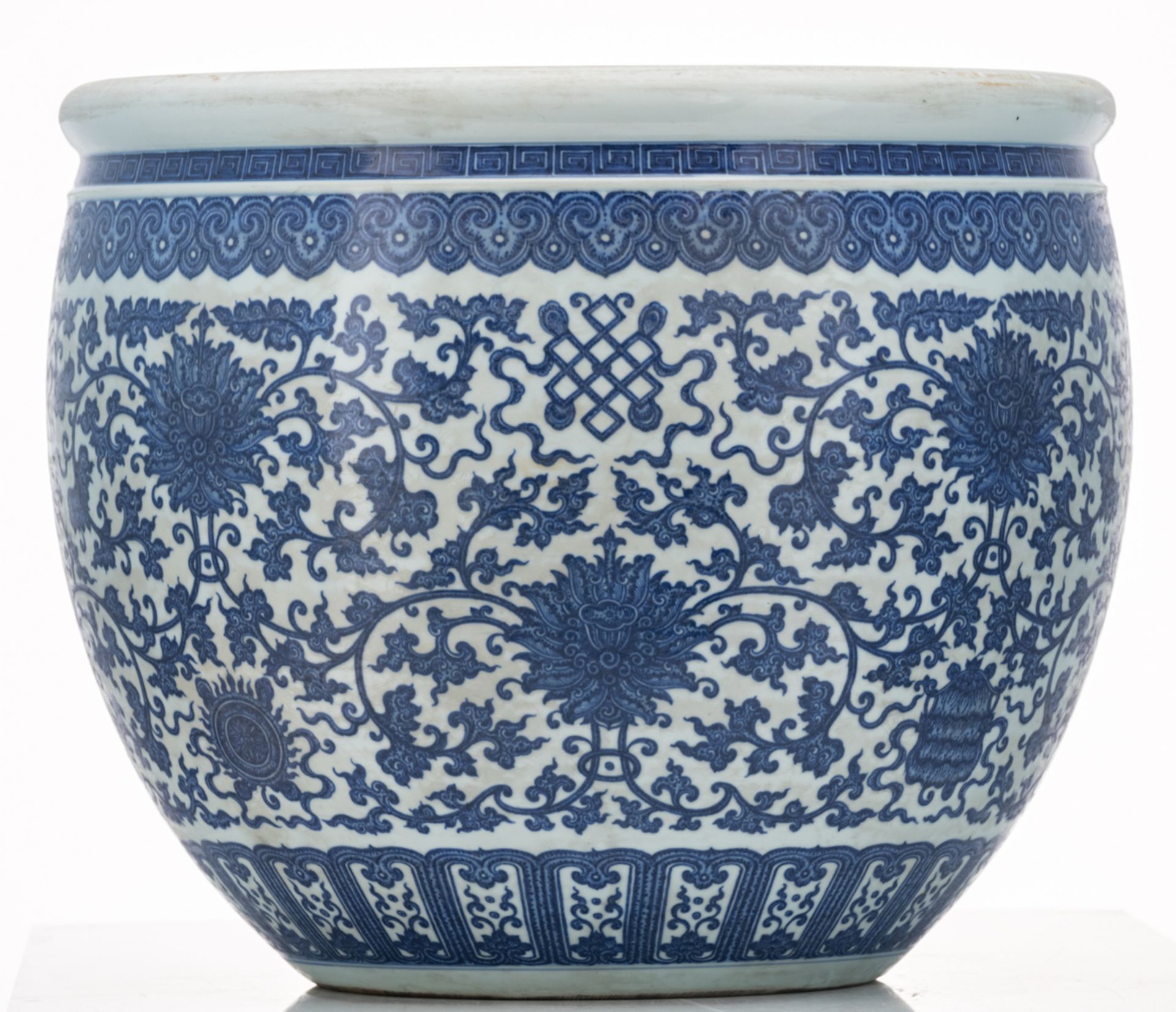 A Chinese blue and white jardiniere, decorated with scrolling lotus and Buddhist symbols, H 45 - ø - Image 5 of 7
