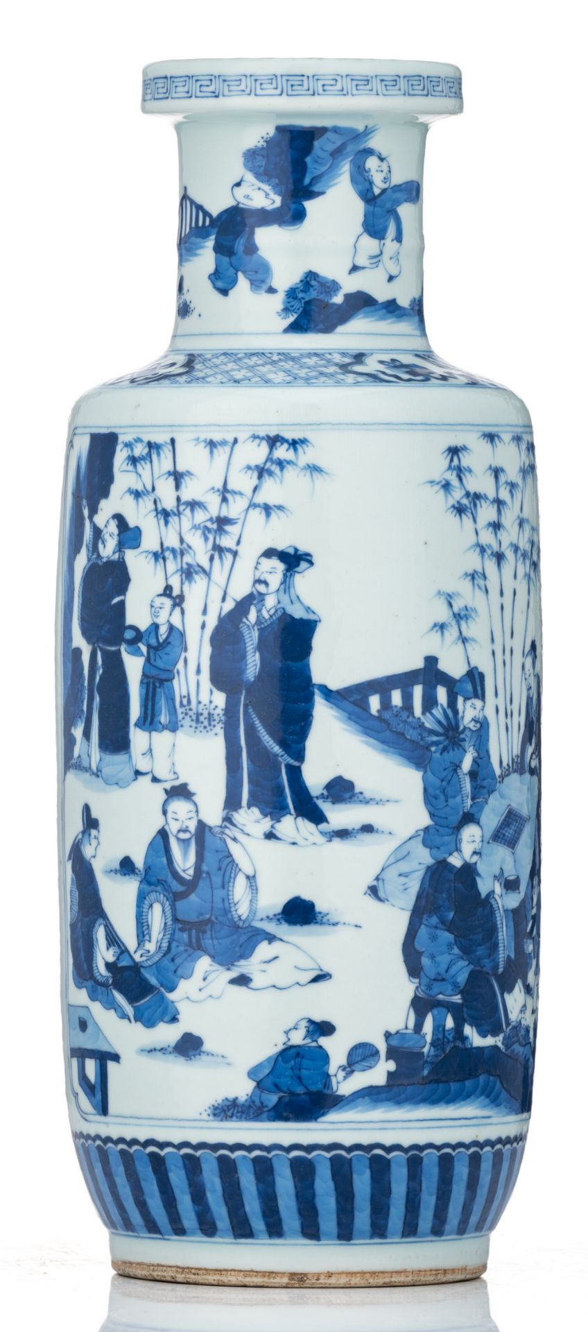 A Chinese blue and white rouleau shaped vase, one panel decorated with a court scene, the other - Image 3 of 6