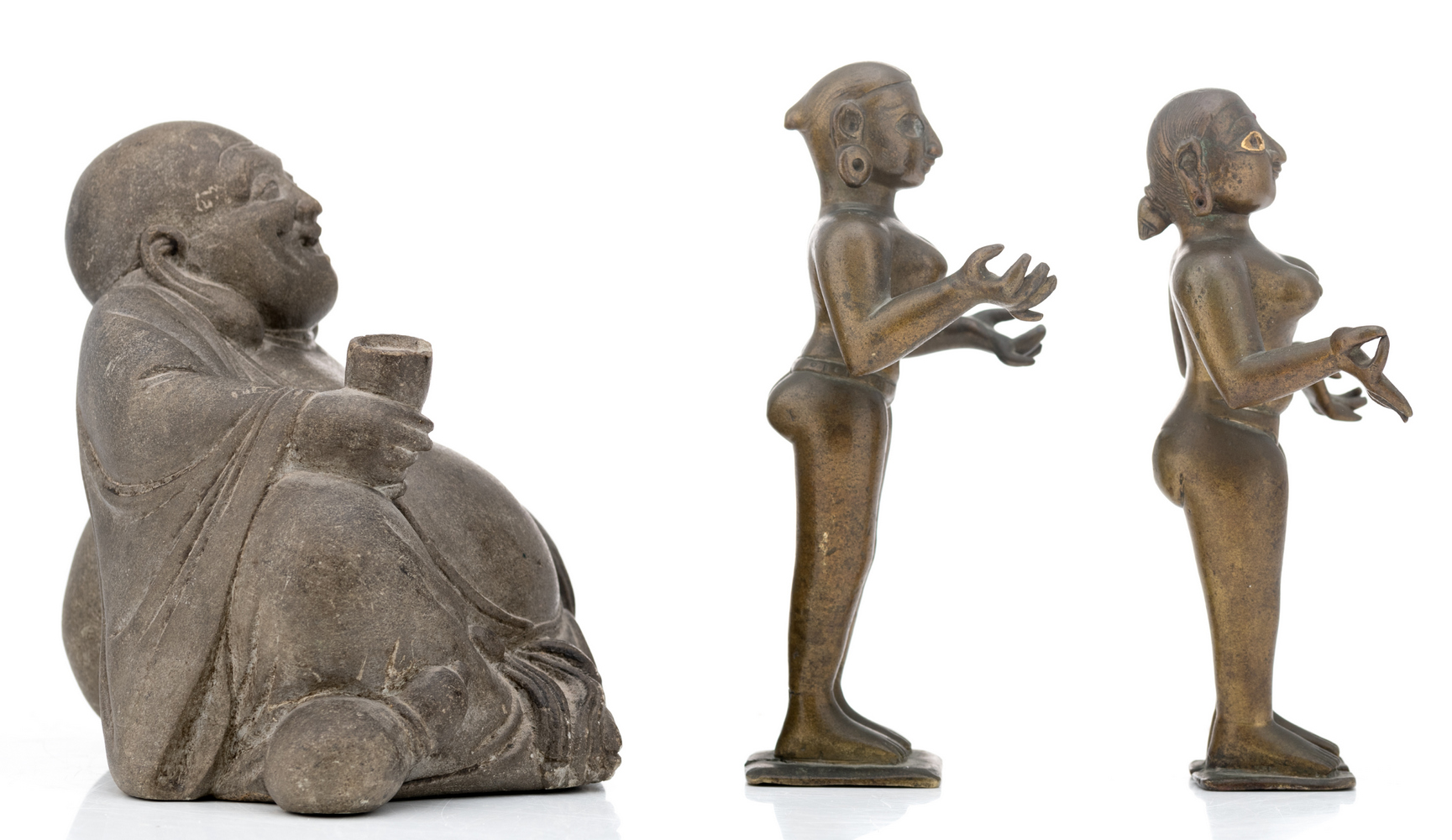 A Chinese stone figure of a Budai; added two Oriental female bronze figures, depicting divinities, - Image 2 of 6