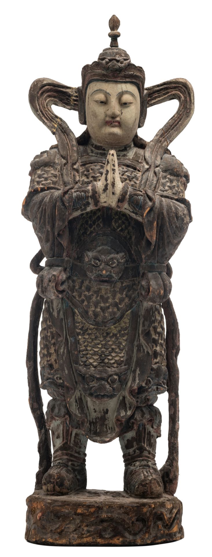 A large Chinese polychrome decorated carved wooden figure of a Namaskara Mudra Buddha, H 141,5 cm