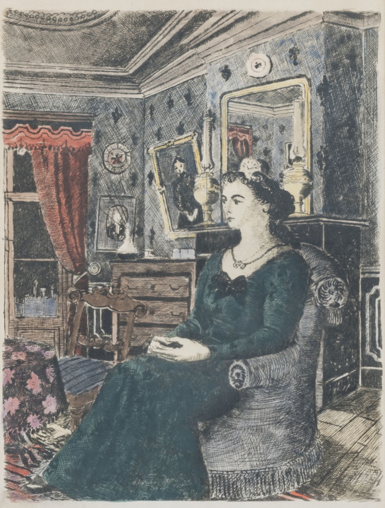 Delvaux P., a seated lady in a late 19thC interior, hand coloured etching, no. 39/45, 28 x 39 cm