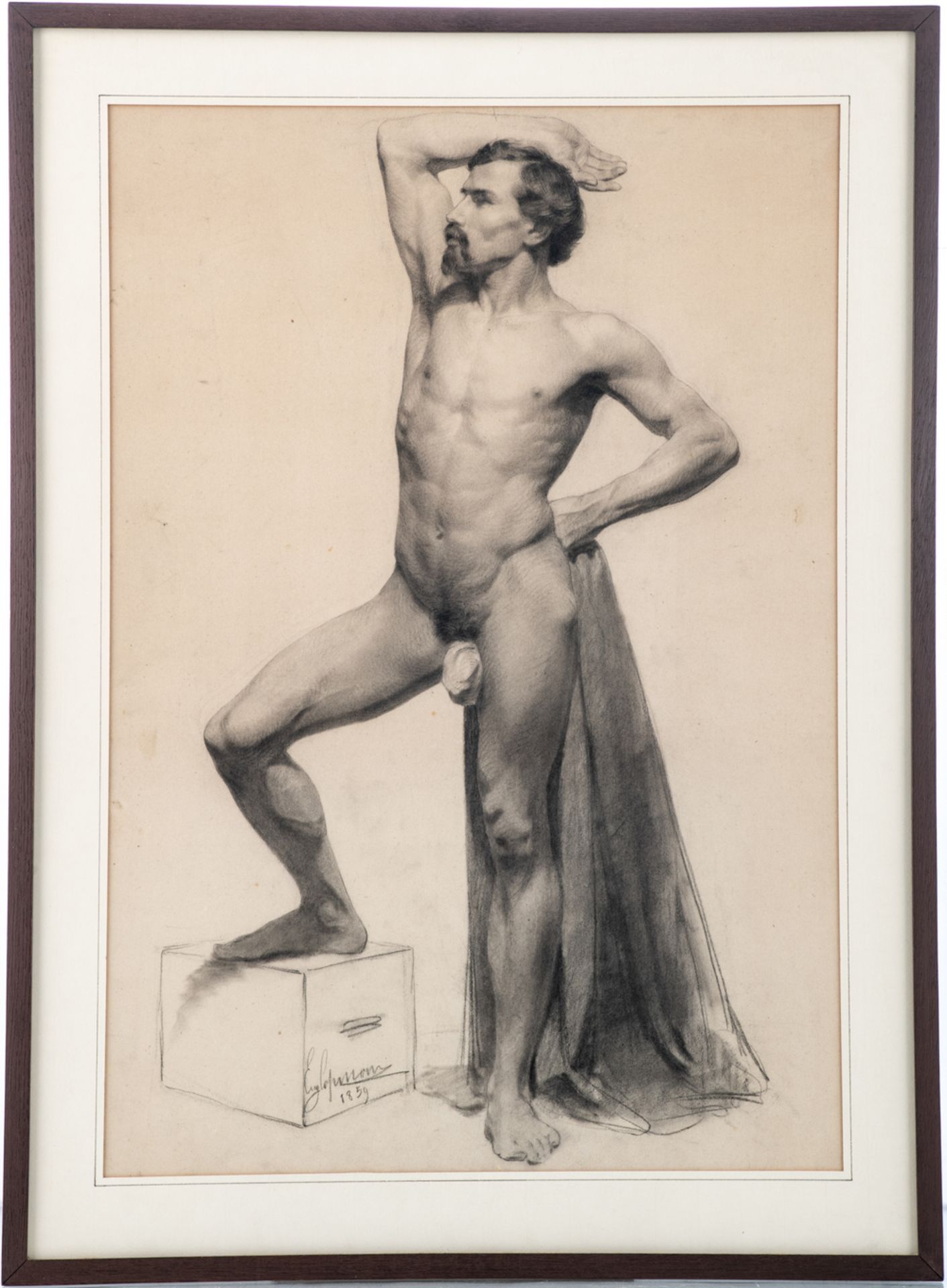 Copman E., two male academic studies (Bruges), charcoal and white cray, dated 1858 - 1859, 45 x 61 - - Image 2 of 9
