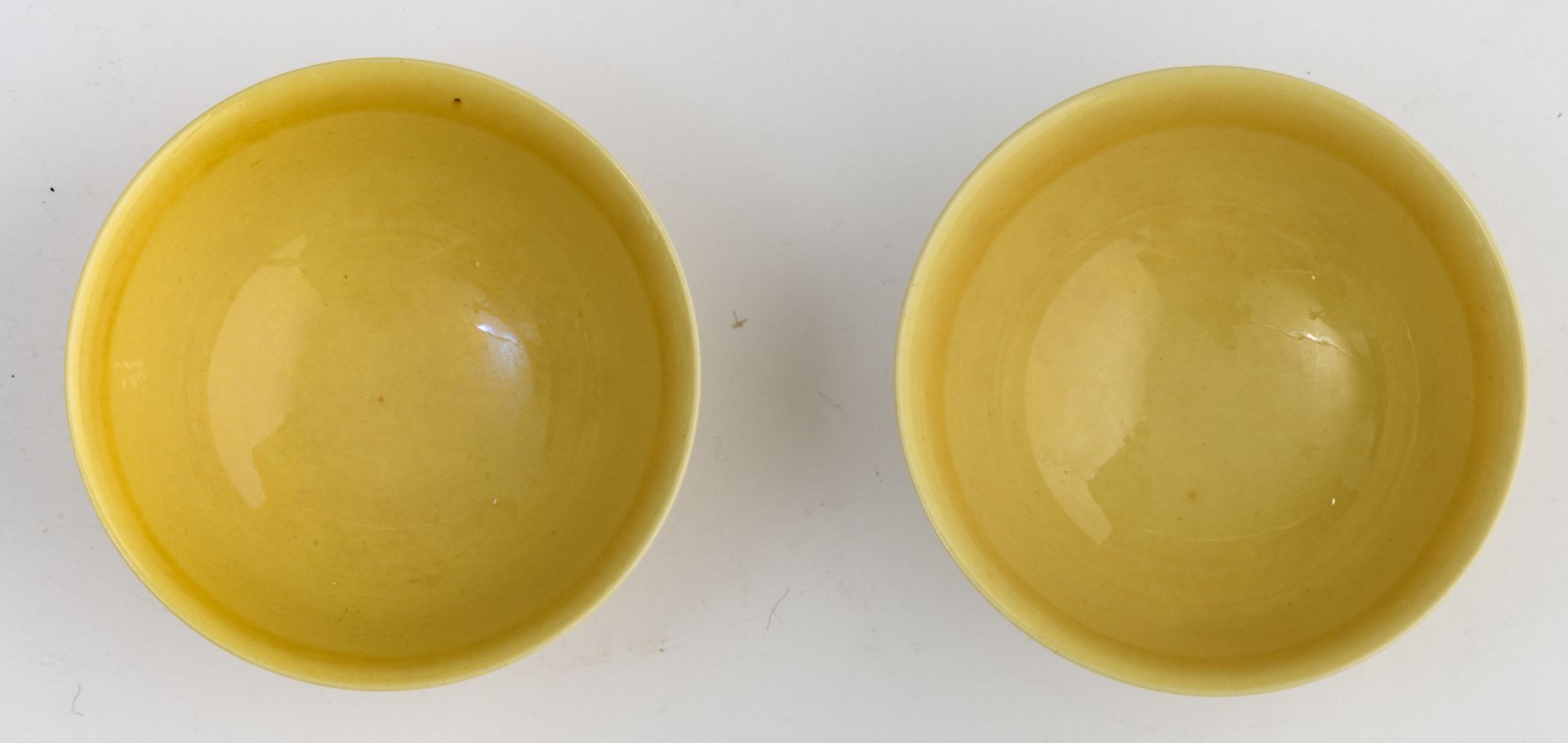 A pair of Chinese yellow glazed imperial bowls, with incised dragons on the outside, marked - Image 6 of 8