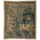 A Flemish large leaf verdure tapestry, the foreground with a hunting scene with mythical and other