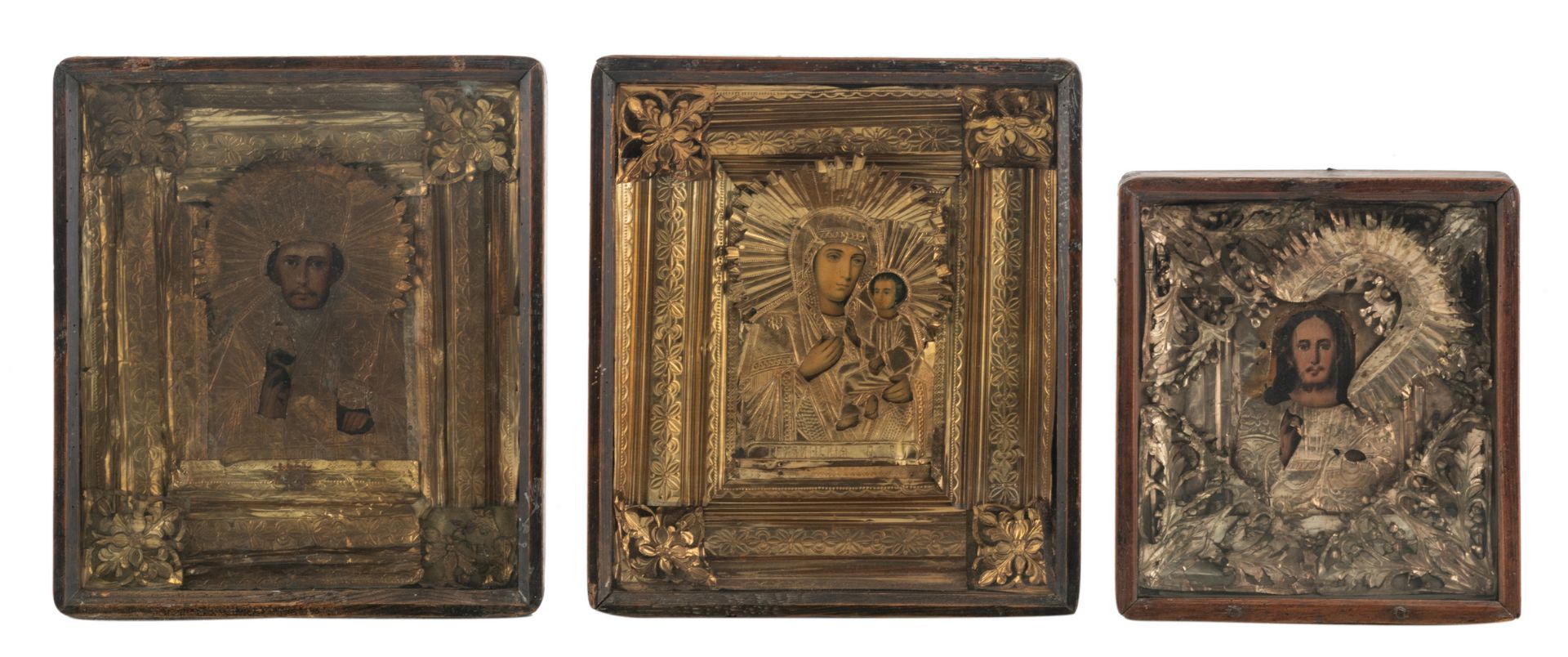 Six East European icons, some of which lithographs, with gilt and silver plated metal oklad, five in - Bild 3 aus 5