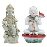 A Chinese famille rose figure of a young Buddha, seated on a lotus base; added a Chinese celadon