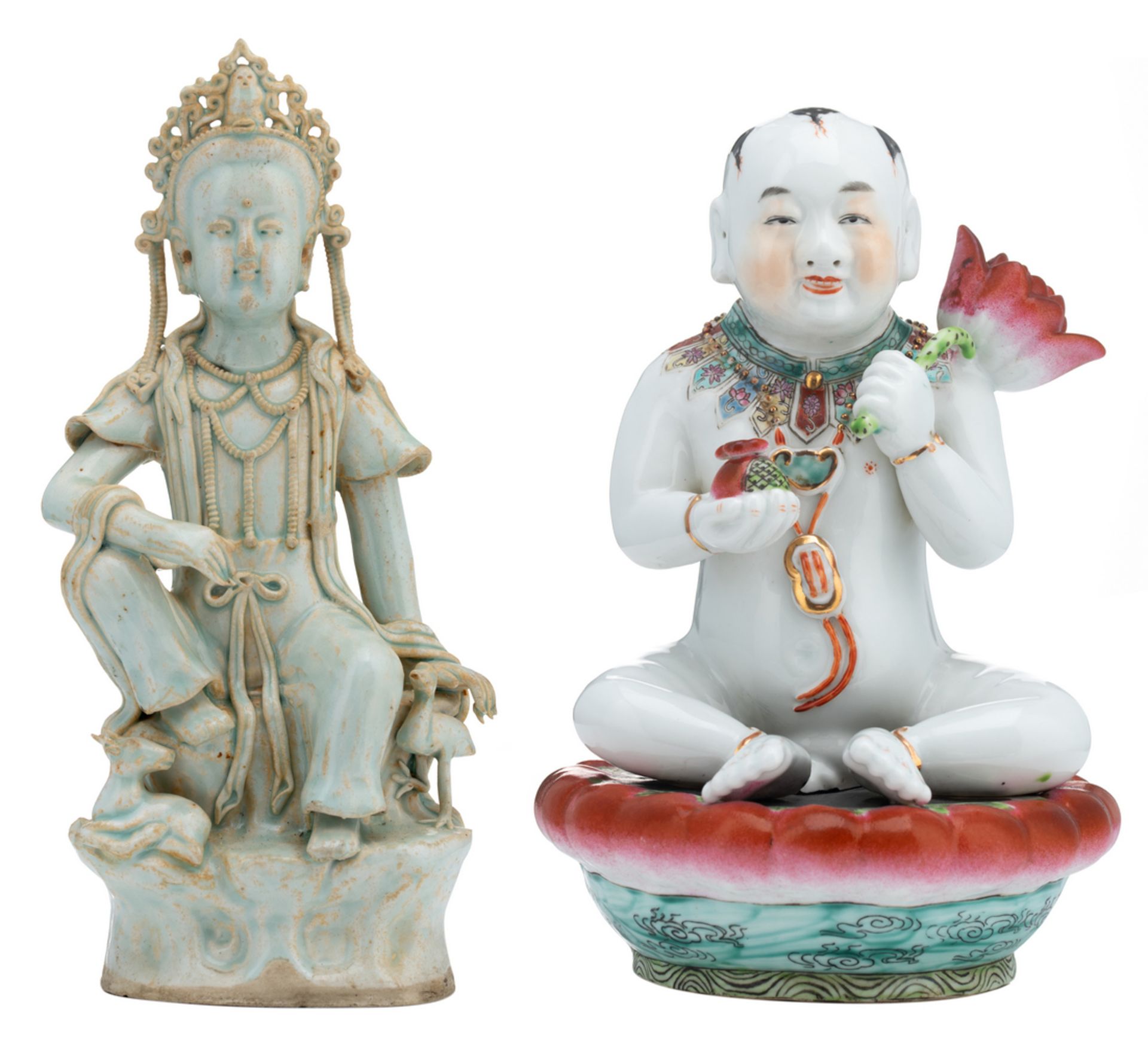 A Chinese famille rose figure of a young Buddha, seated on a lotus base; added a Chinese celadon