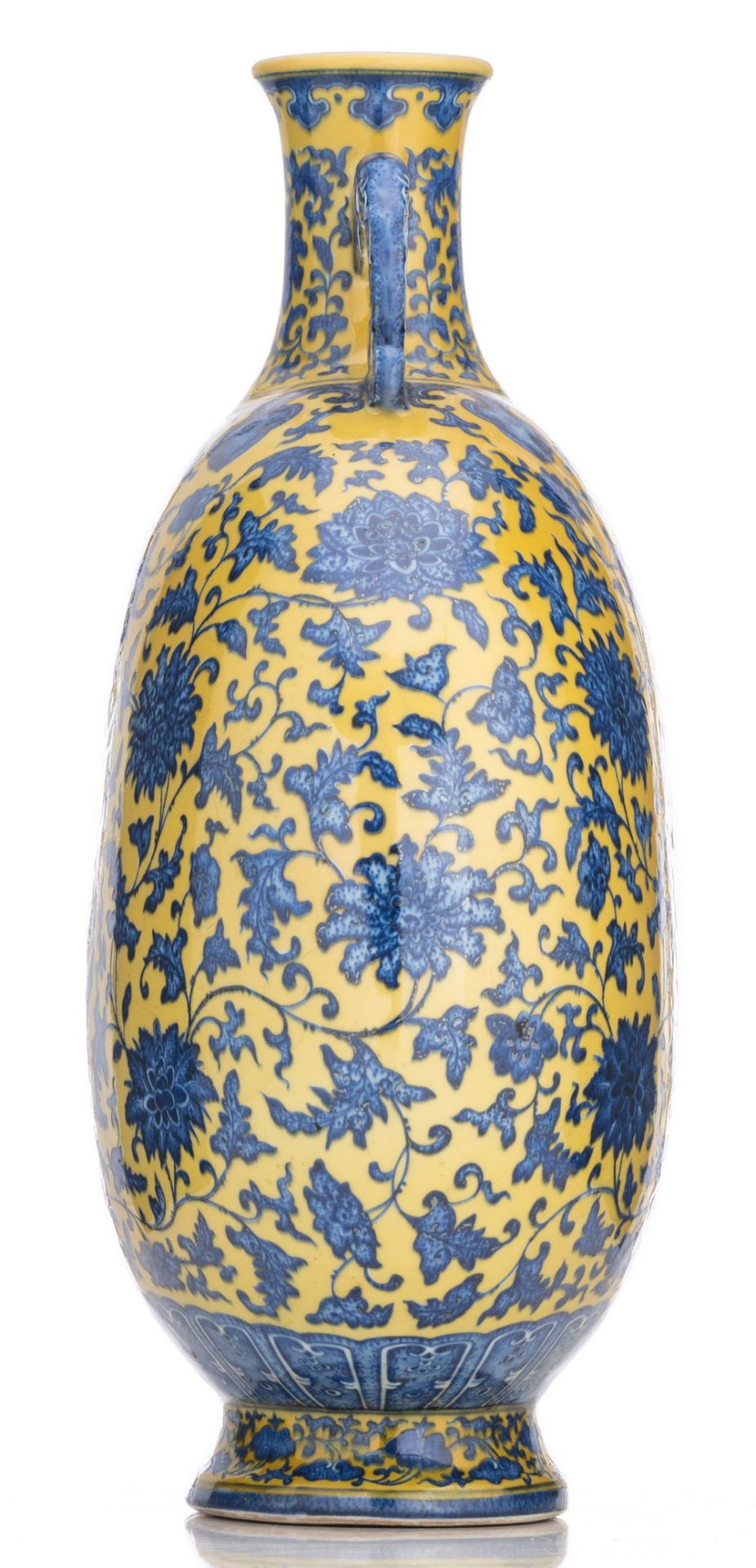A Chinese yellow ground blue and white moon flask, decorated with scrolling lotus and peaches, - Image 5 of 7