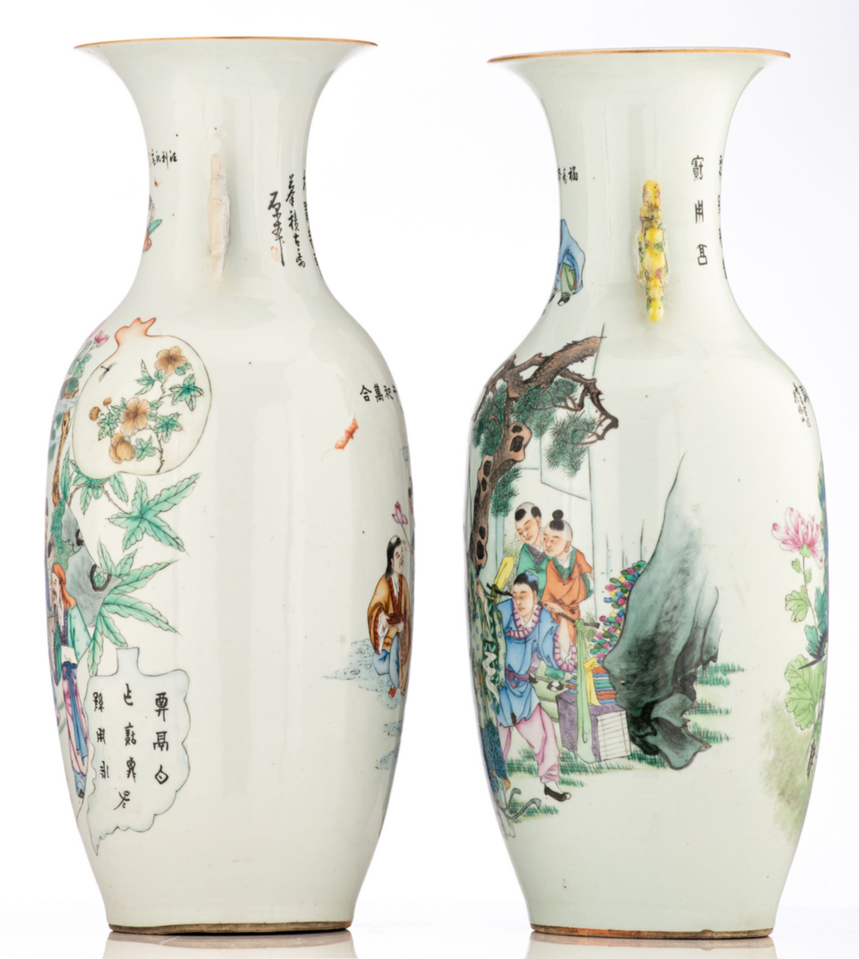 Two Chinese famille rose vases double decorated with animated scenes, one with a peacock and - Image 2 of 6