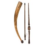 A Lwena scepter transformed into a walking stick, a Bembé scepter and a Northern Congo ivory horn (