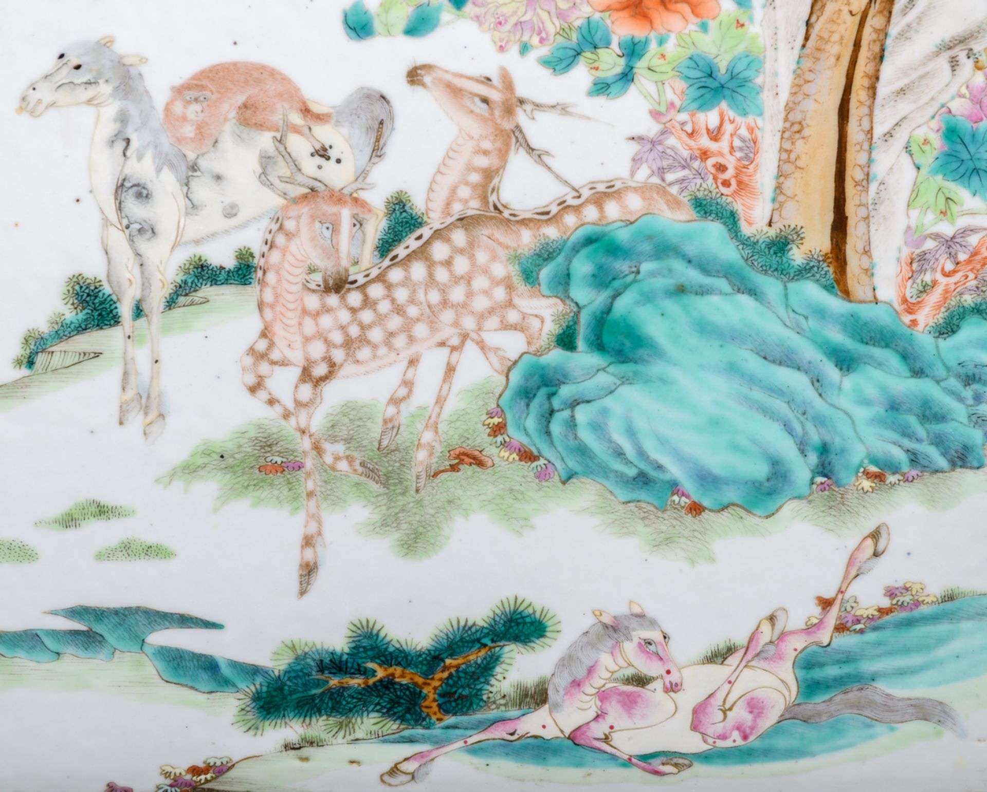 A fine Chinese hardwood table screen, the famille rose plaque decorated with horses, deers, - Image 9 of 10