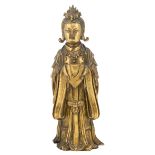 A Chinese standing gilt bronze figure of a Guanyin, H 23 cm