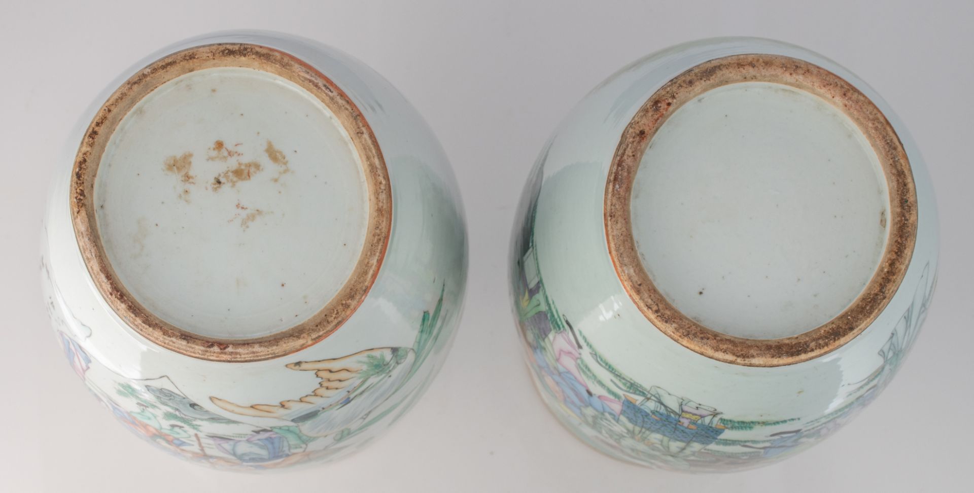 Two Chinese famille rose vases double decorated with animated scenes, one with a peacock and - Image 6 of 6